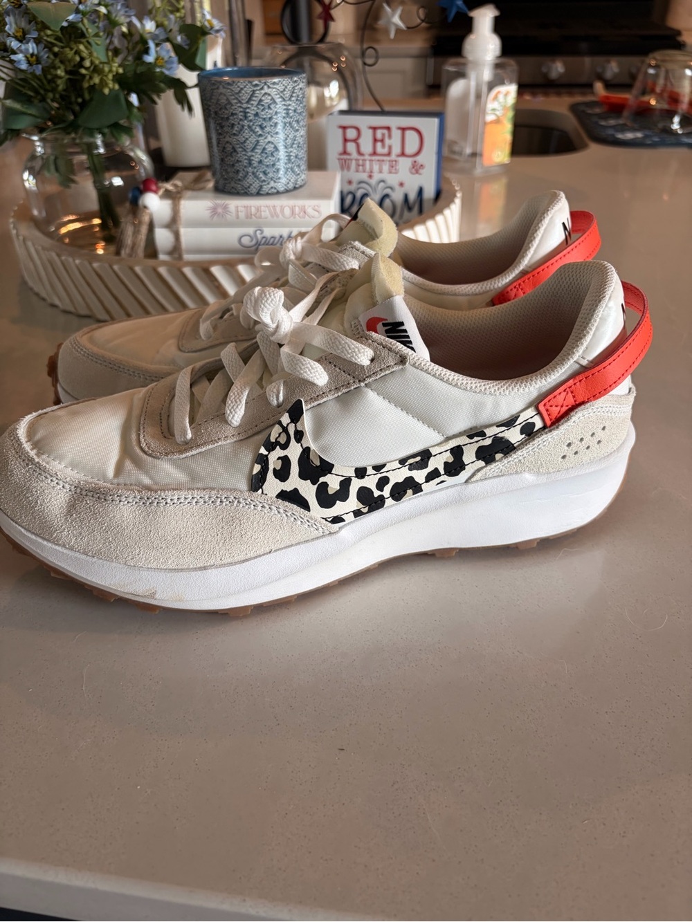 Nike Off-White Sneakers with Leopard Swoosh and Red Heel Tab
